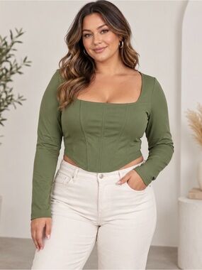 ReoRia Olive Square Neck Long Sleeve Crop Top